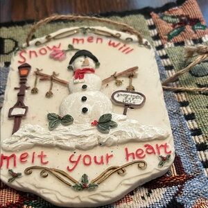 Charming Snowman Holiday Plaque - White and Red gently used for decor